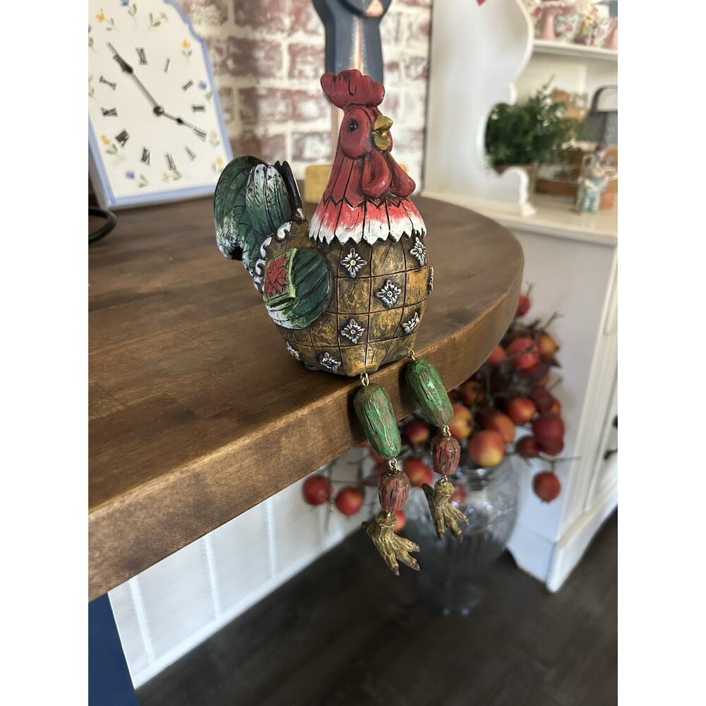 Farmhouse Rooster Chicken Shelf Sitter Dangling Legs Decor VTG